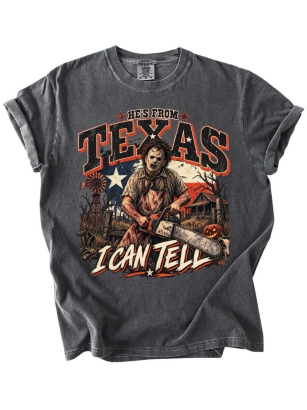 Comfort Colors 'He's From Texas' Graphic Tee - Pepper with Orange Accents